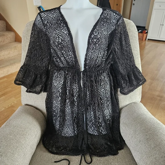 Time & Tru 3X Tie-Front Crochet Cardigan Black Bell Ruffle Sleeve Classic B-2299 - Picture 5 of 8